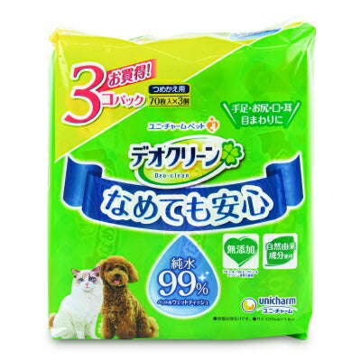 ユニ・チャームデオクリーン純水99%ウェットティッシュつめかえ用70枚入×3個