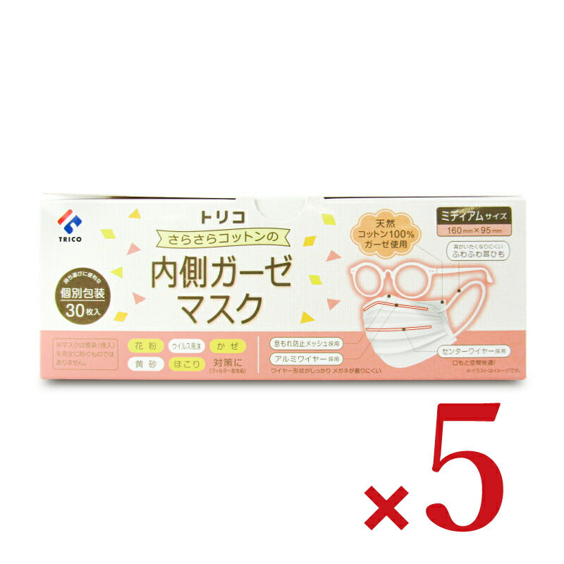 【マラソン限定!最大2000円OFFクーポン配布中!】TRICOトリコさらさらコットンの内側ガーゼマスクミディアムサイズ30枚