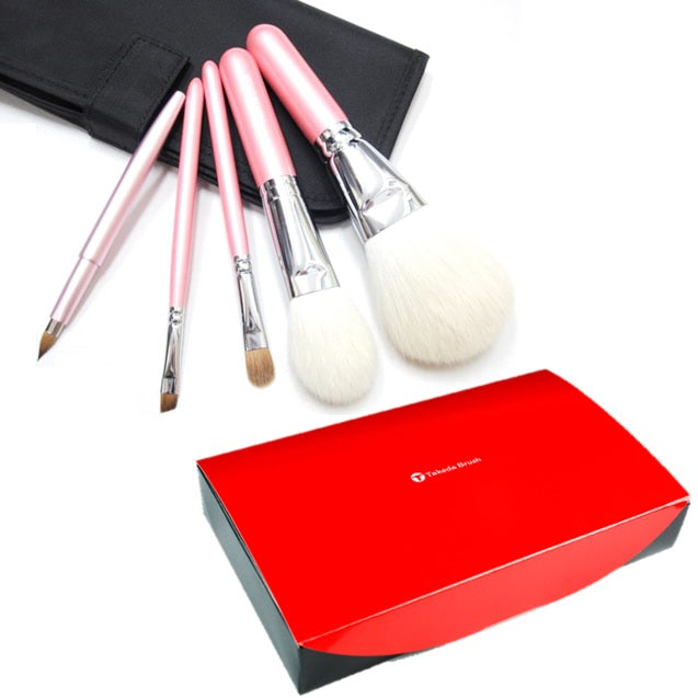 タケダブラシ5本セット＋収納ケース 竹田ブラシ ベーシック 化粧ブラシ5本セットピンク軸 ポーチ付 SPECIAL